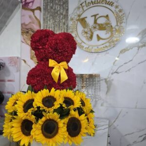 Osito Floral 3D con Girasoles y Lazo Amarillo