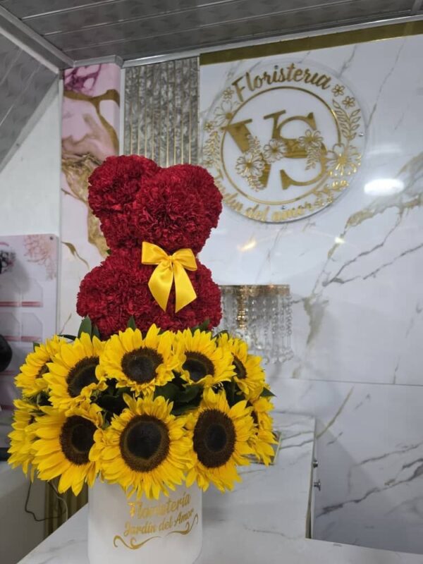 girasol Osito Floral 3D con Girasoles y Lazo Amarillo